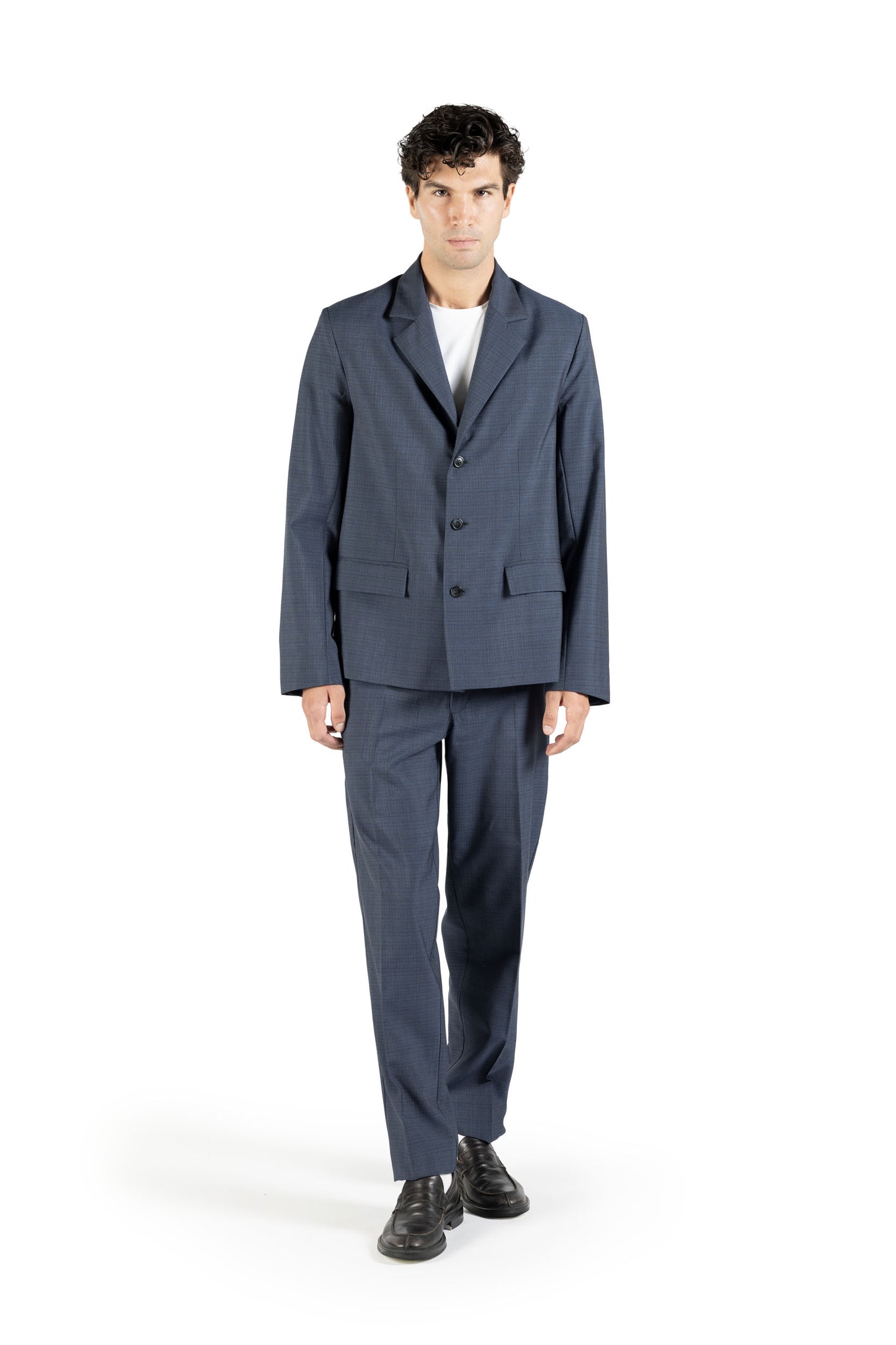 Pantalone dritto con piega stirata in lana trama blu e nero