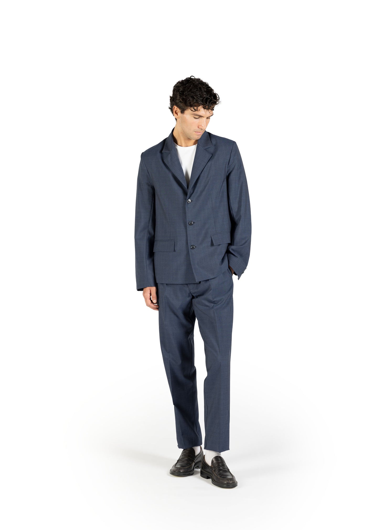 Blazer regular in lana trama blu e nero