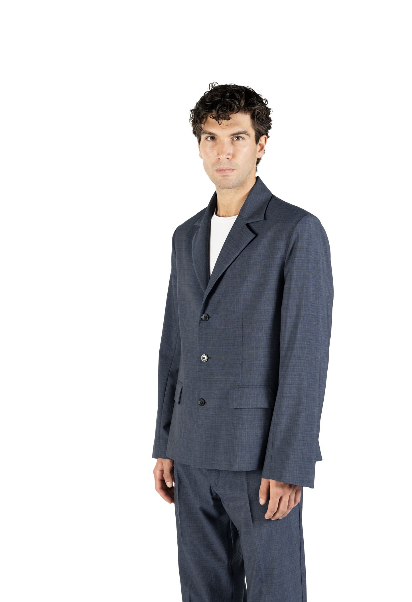 Blazer regular in lana trama blu e nero