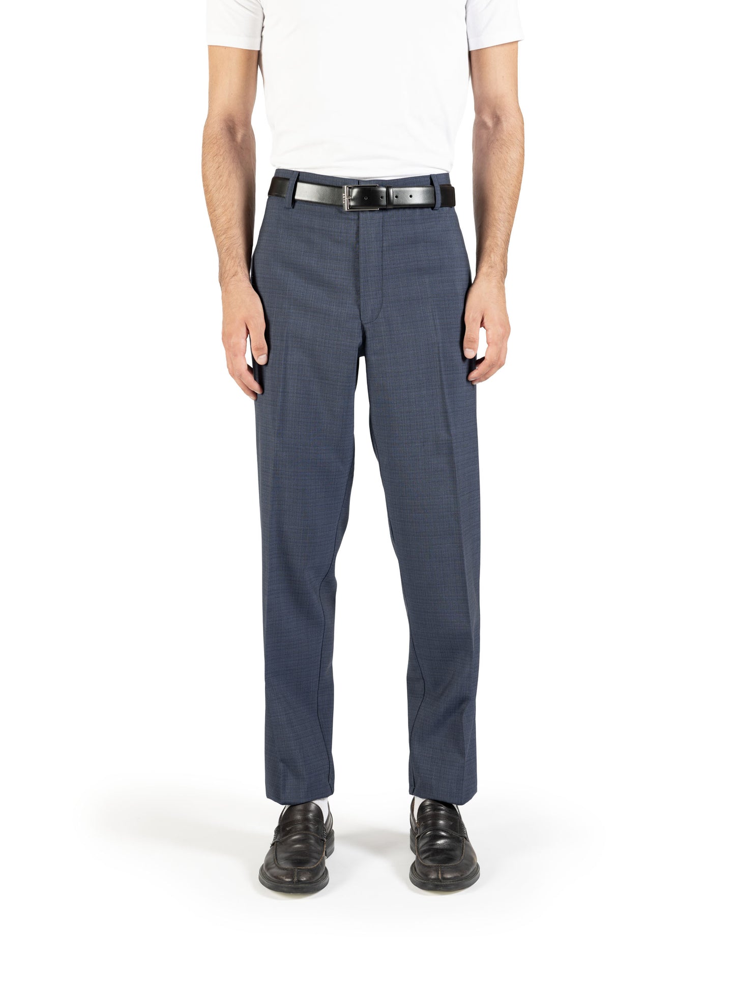 Pantalone dritto con piega stirata in lana trama blu e nero