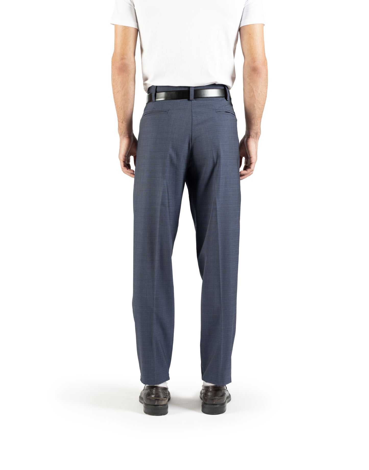 Pantalone dritto con piega stirata in lana trama blu e nero