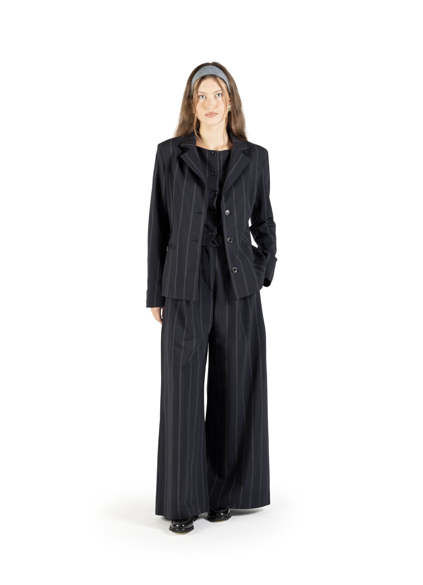 Blazer princess in lana con martingala regolabile blu gessato