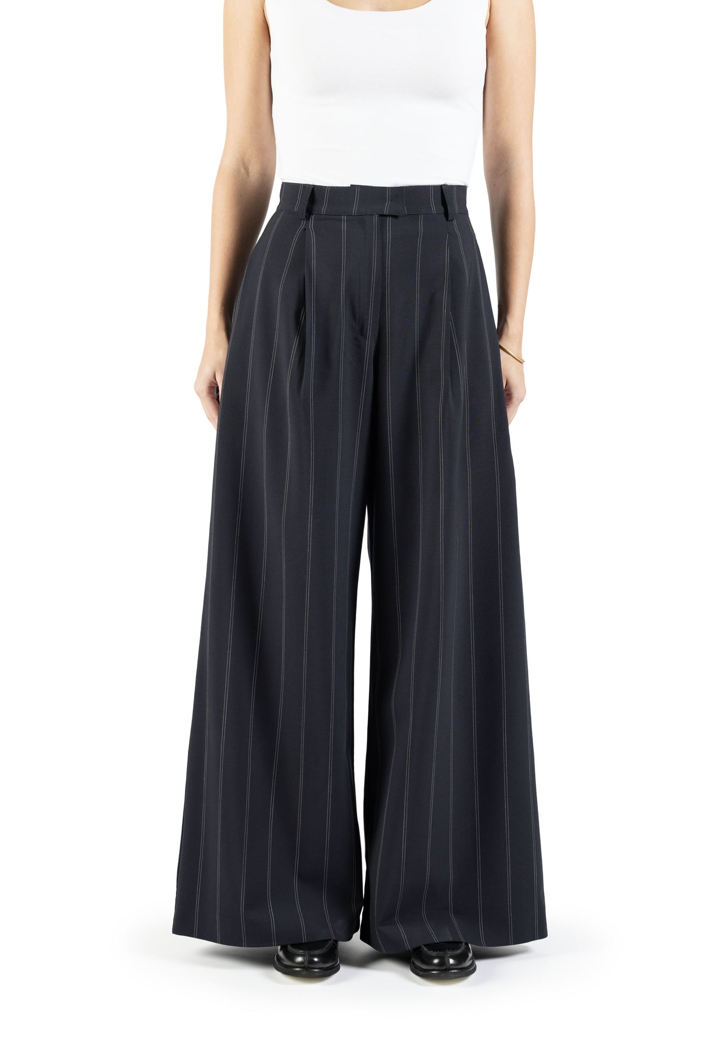Pantalone a palazzo in lana blu gessato