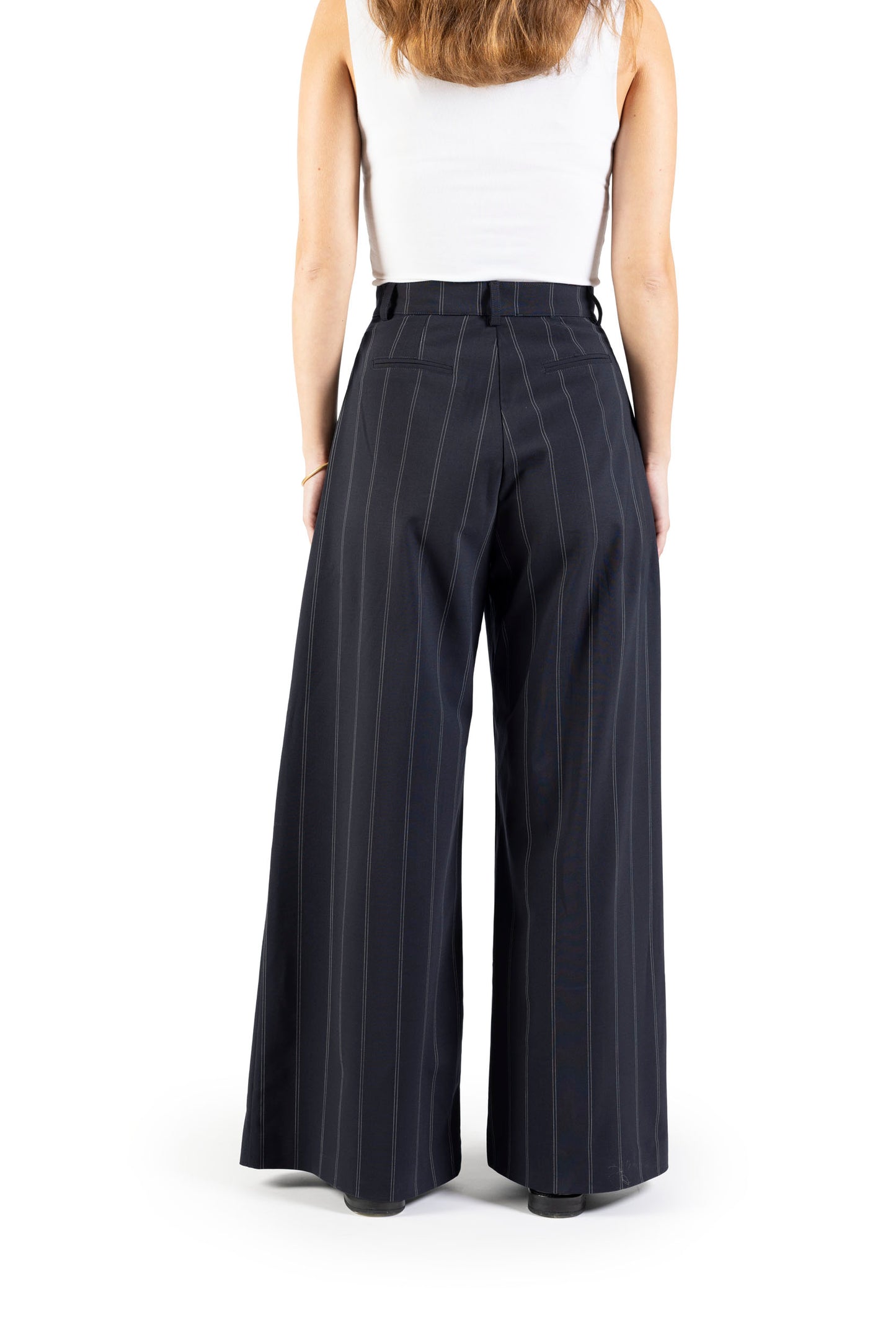 Pantalone a palazzo in lana blu gessato