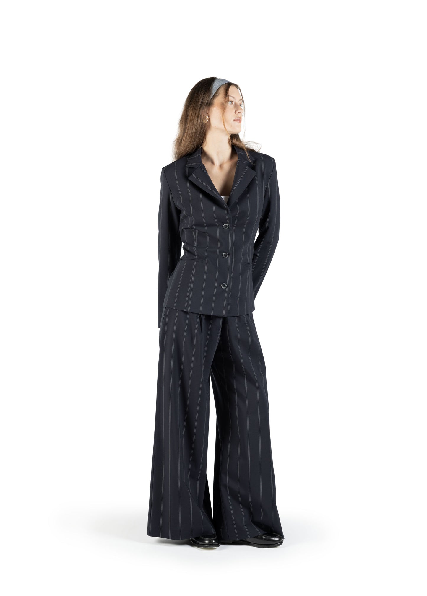 Pantalone a palazzo in lana blu gessato
