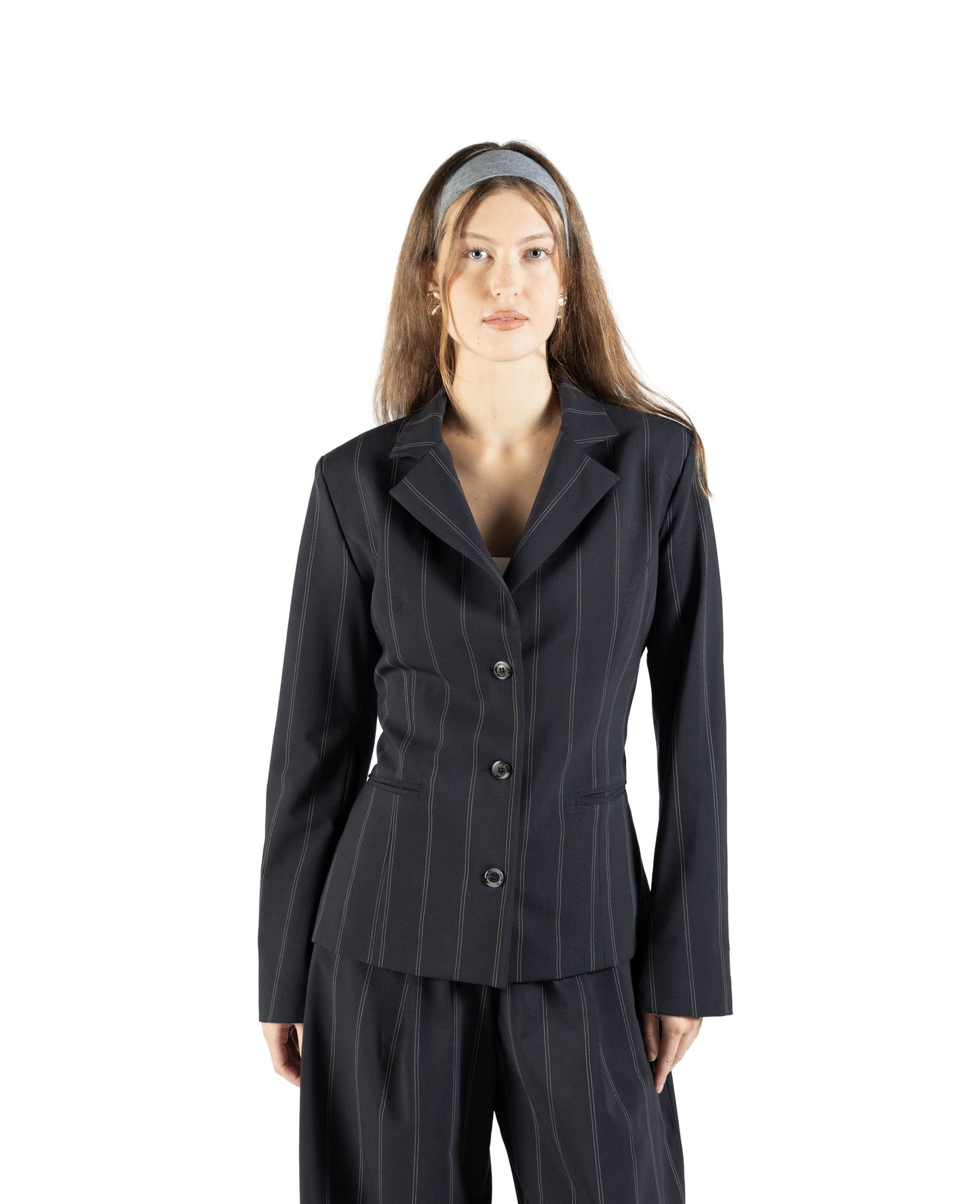 Blazer princess in lana con martingala regolabile blu gessato