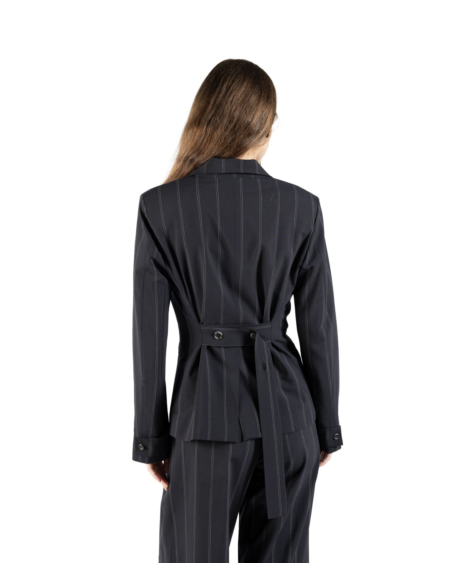Blazer princess in lana con martingala regolabile blu gessato