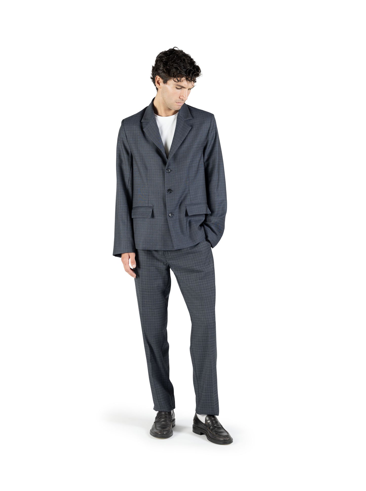 Pantalone dritto con piega stirata in lana trama blu e bianco