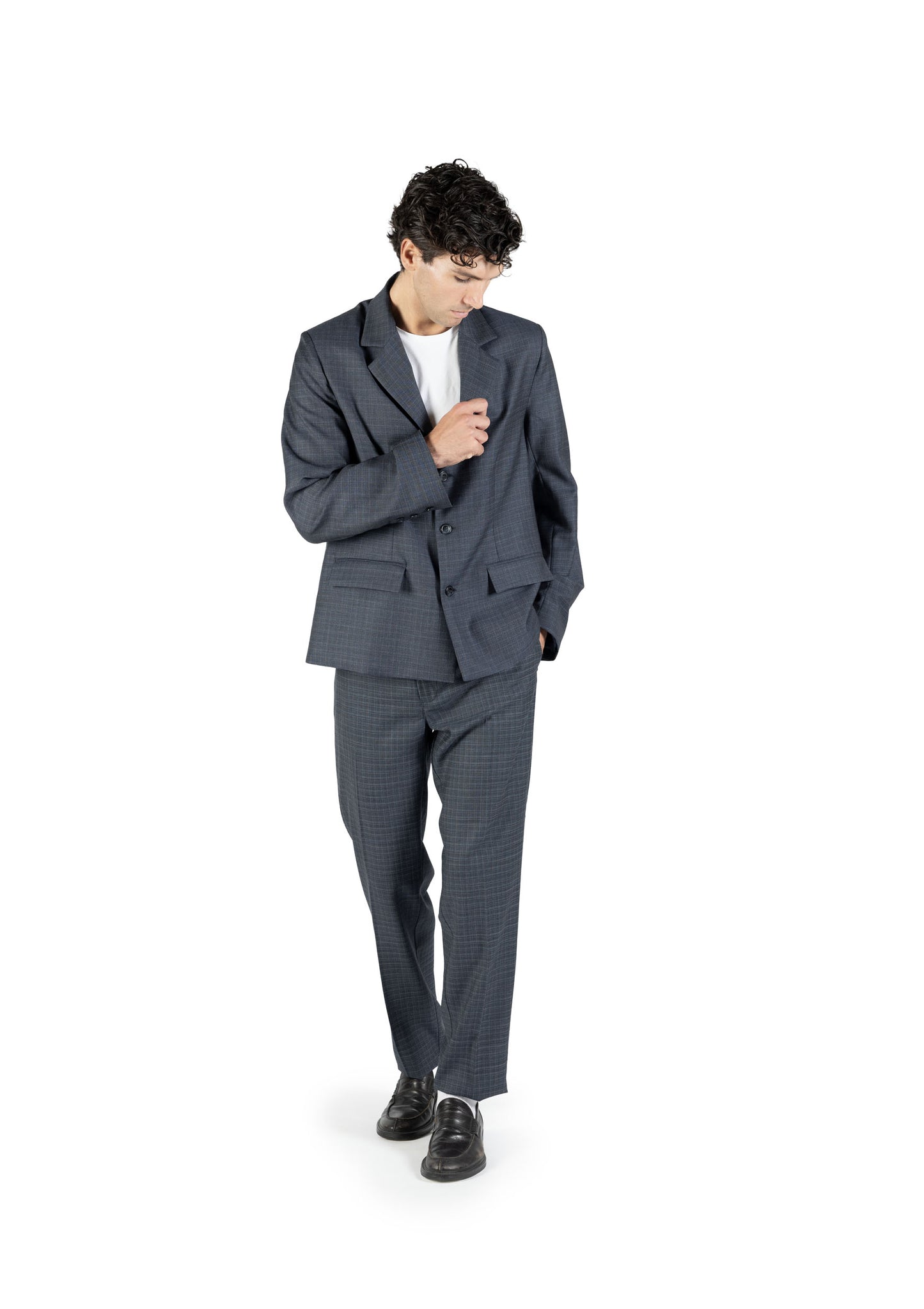 Blazer regular in lana trama blu e bianco