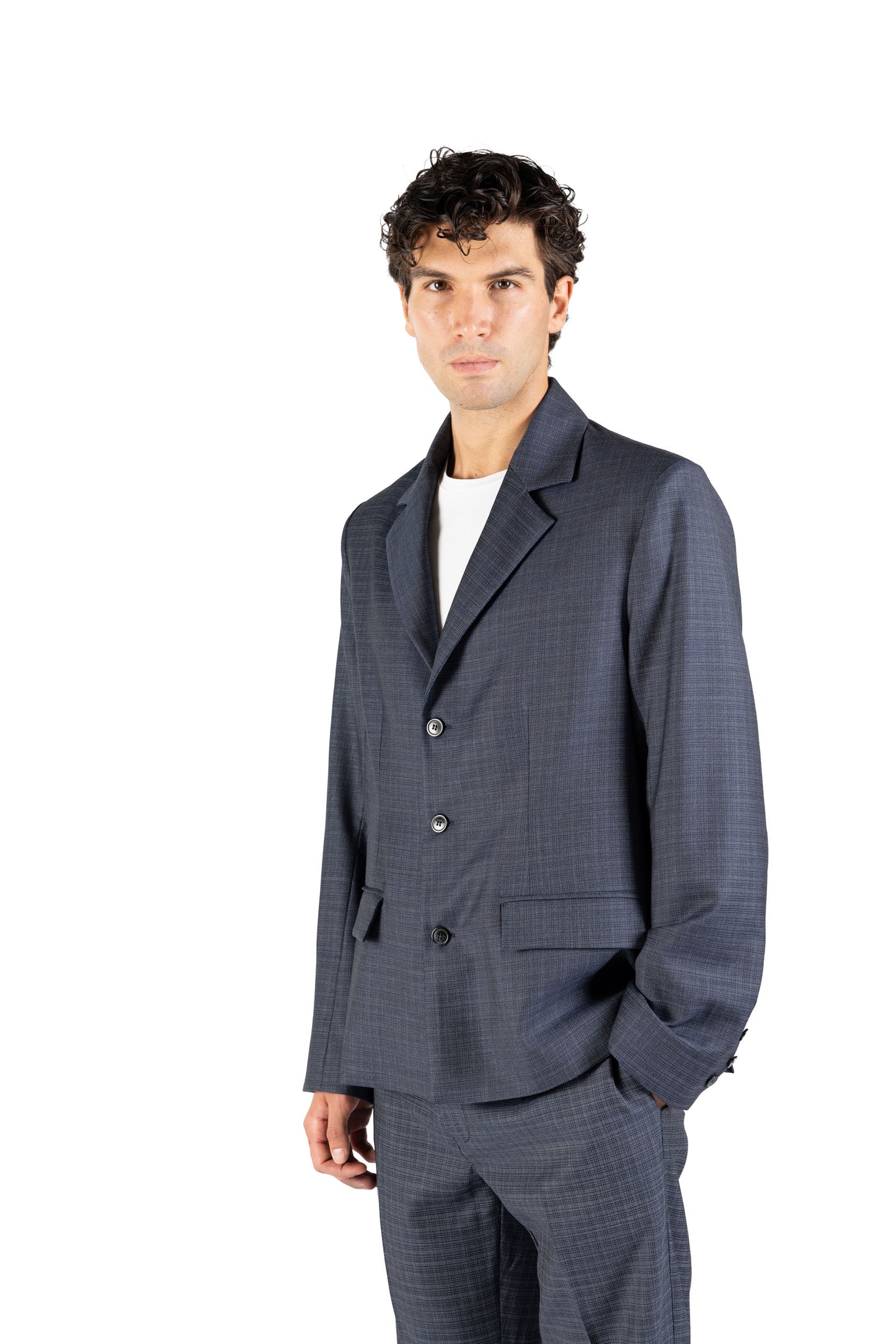 Blazer regular in lana trama blu e bianco
