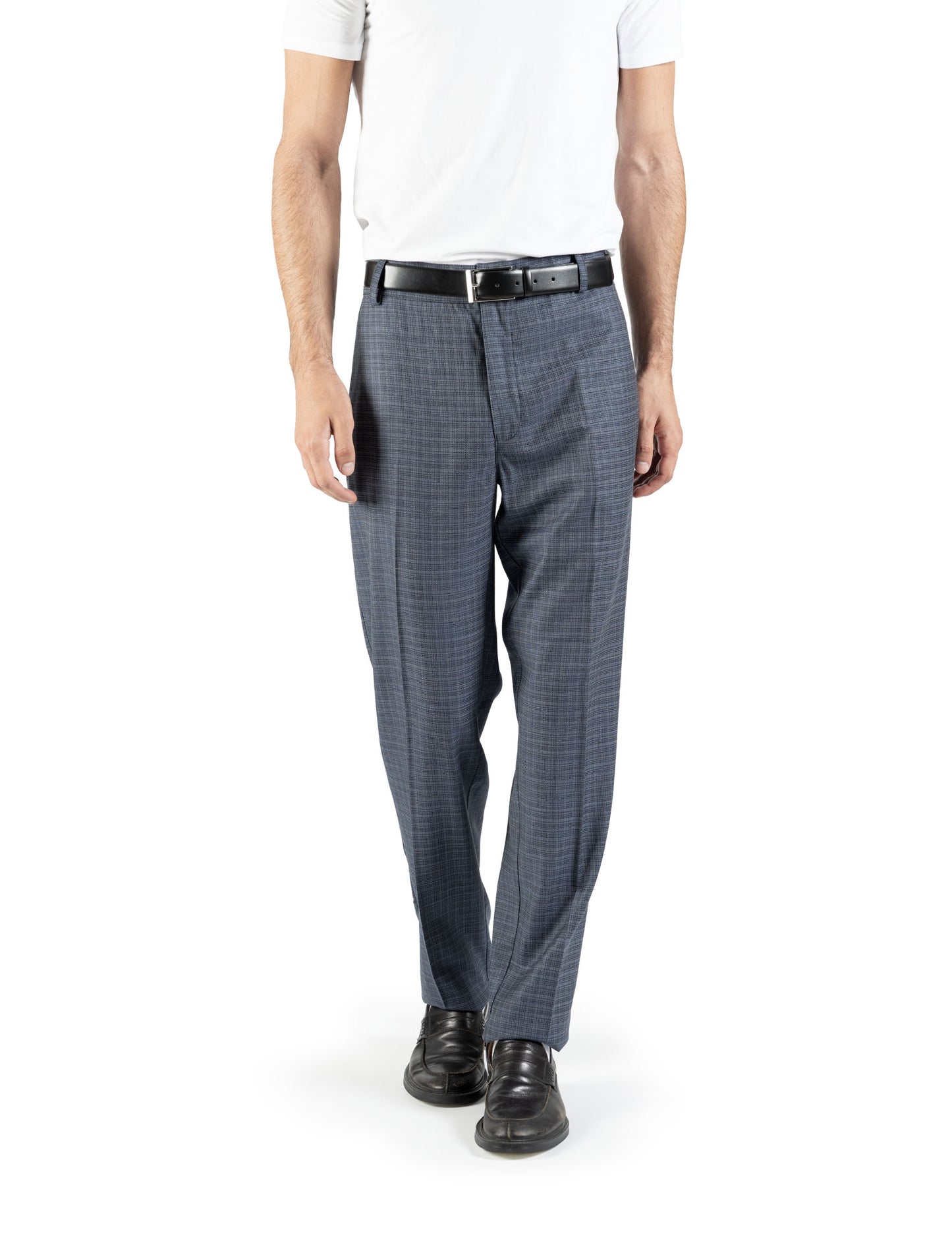 Pantalone dritto con piega stirata in lana trama blu e bianco