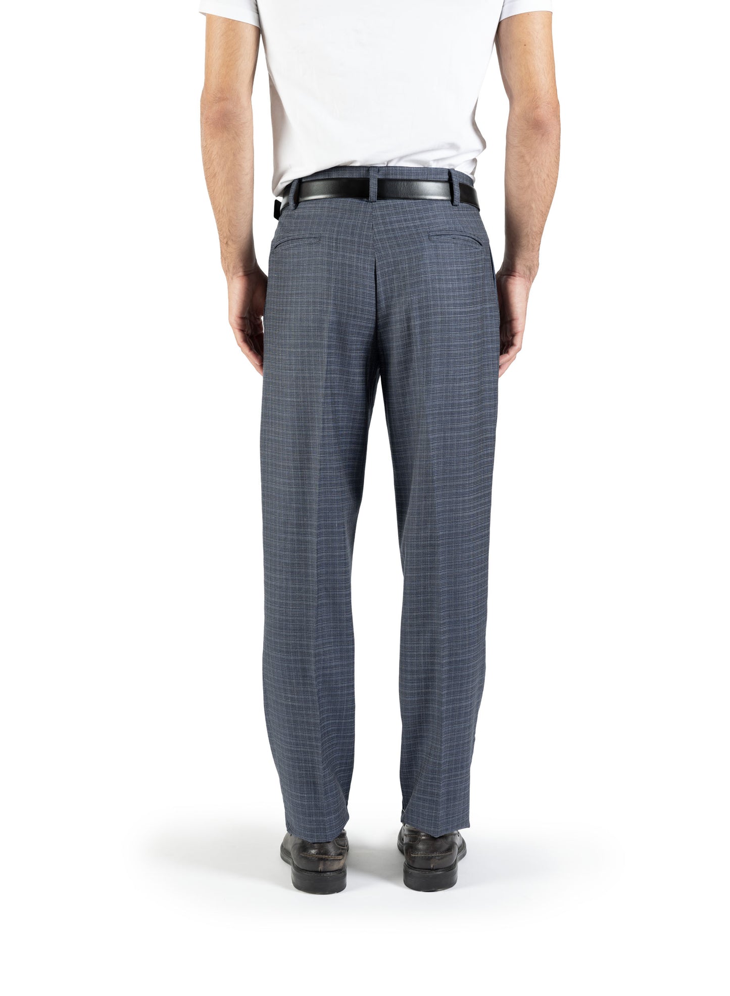 Pantalone dritto con piega stirata in lana trama blu e bianco