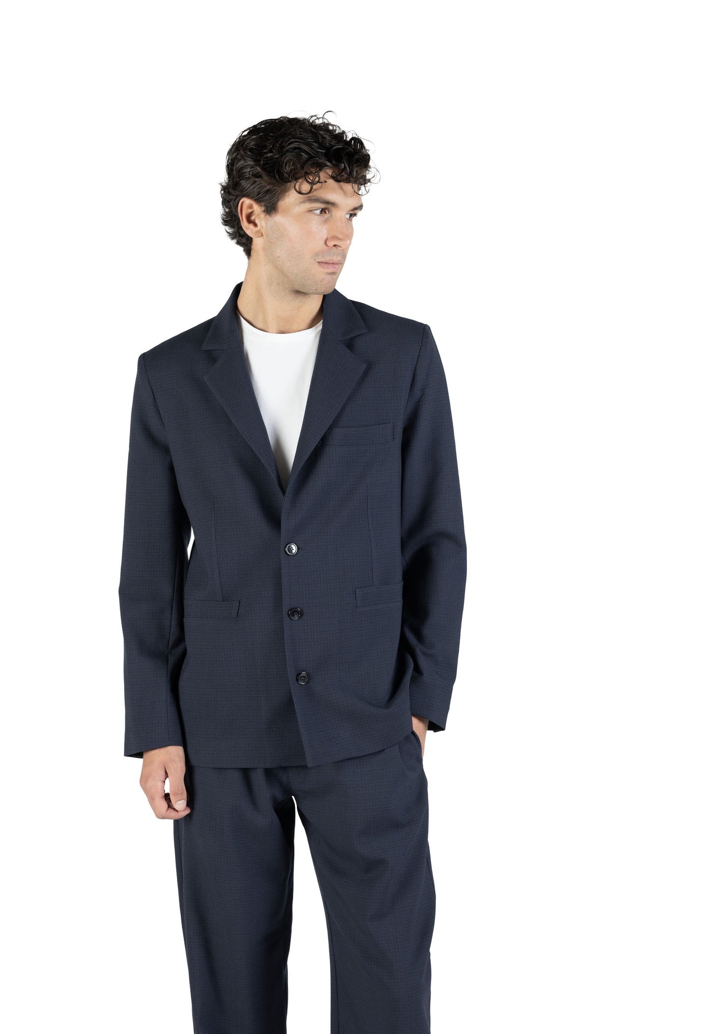 Blazer slim in lana trama blu su blu