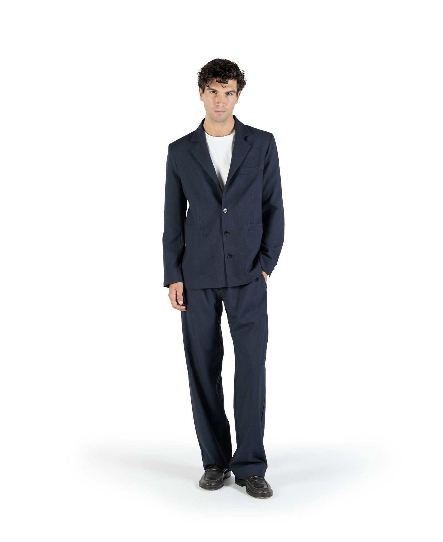 Pantalone morbido in lana trama blu su blu