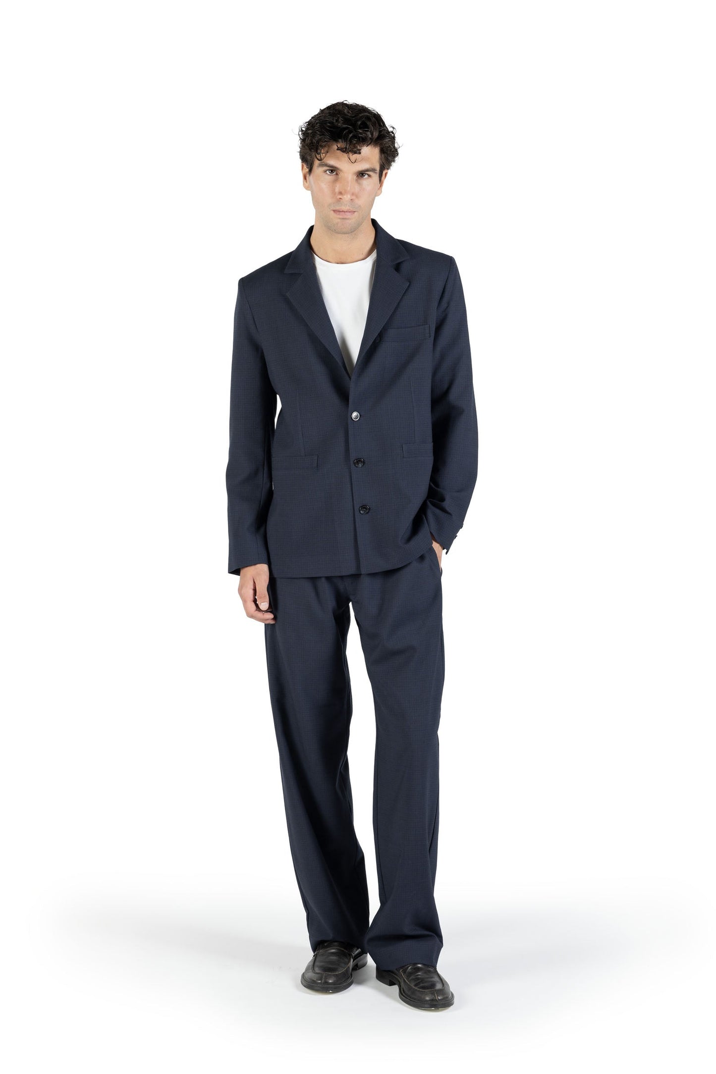 Completo in lana trama blu su blu