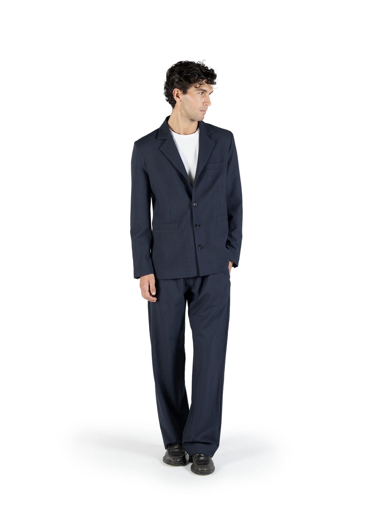Blazer slim in lana trama blu su blu