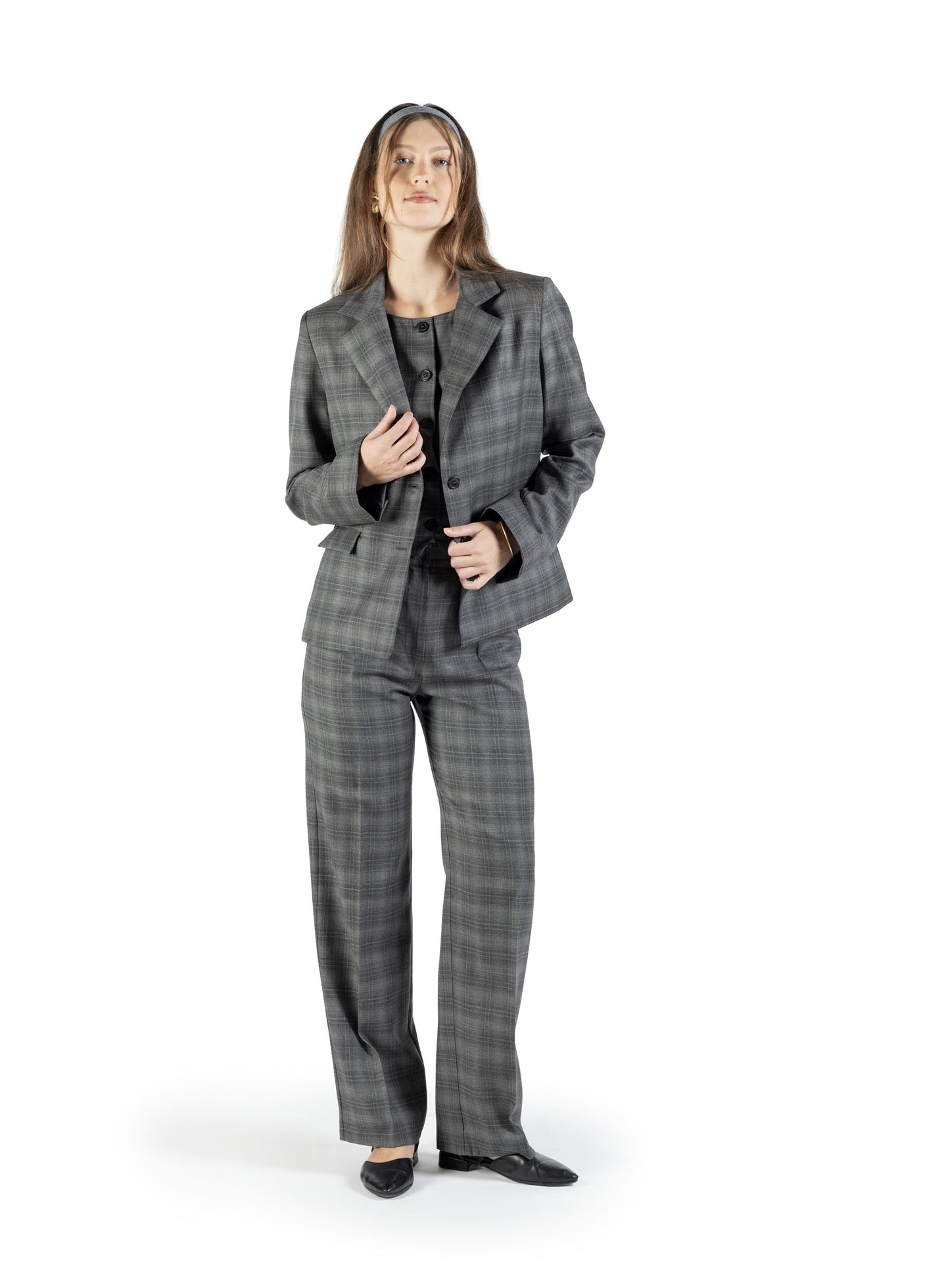 Blazer regular in lana grigia con spacco su manica fantasia a quadri