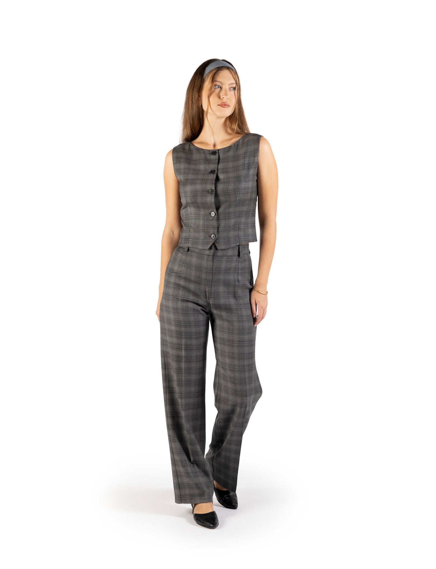 Pantalone dritto in lana grigio con piega stirata fantasia a quadri