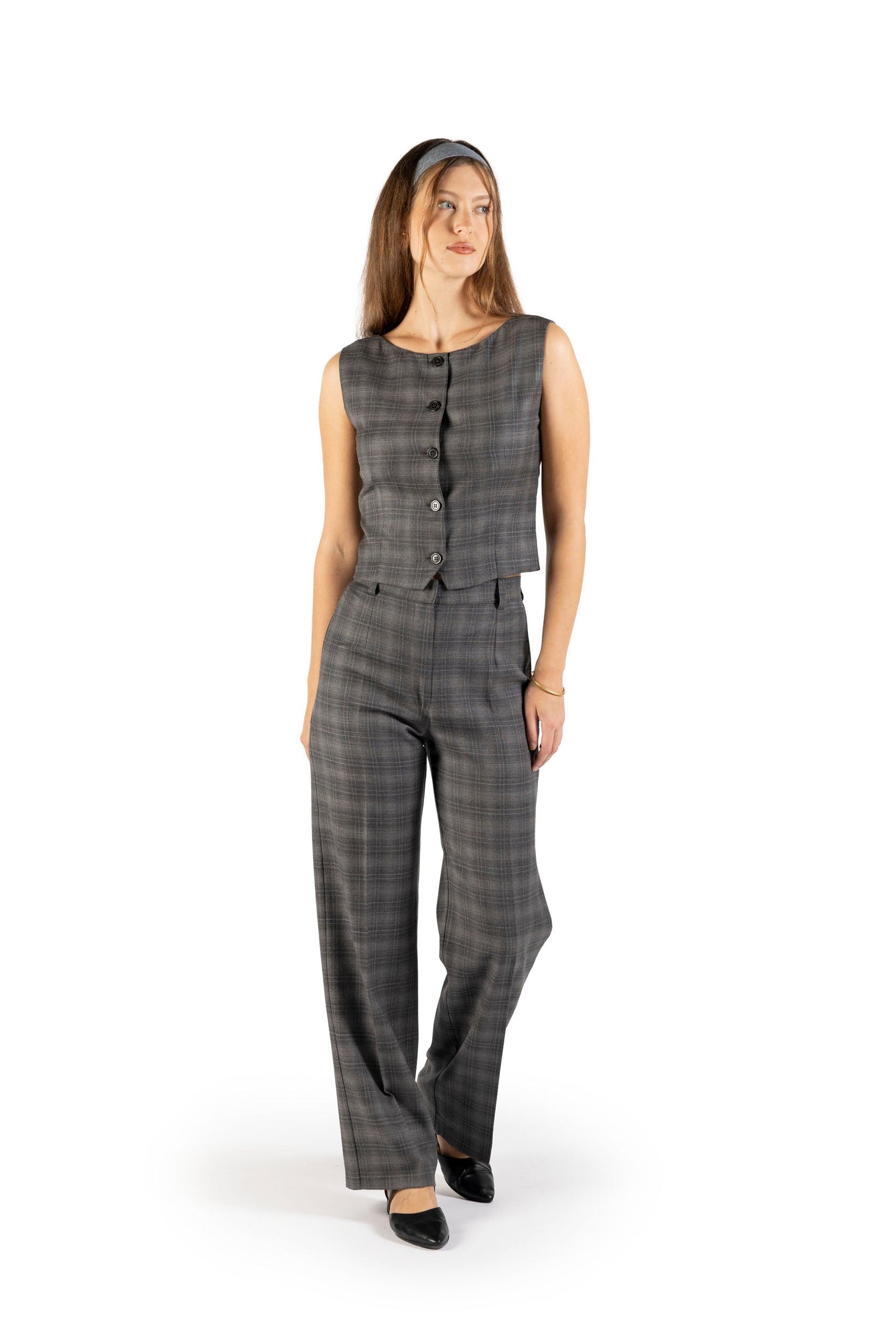 Completo gilet e pantalone in lana grigia fantasia a quadri