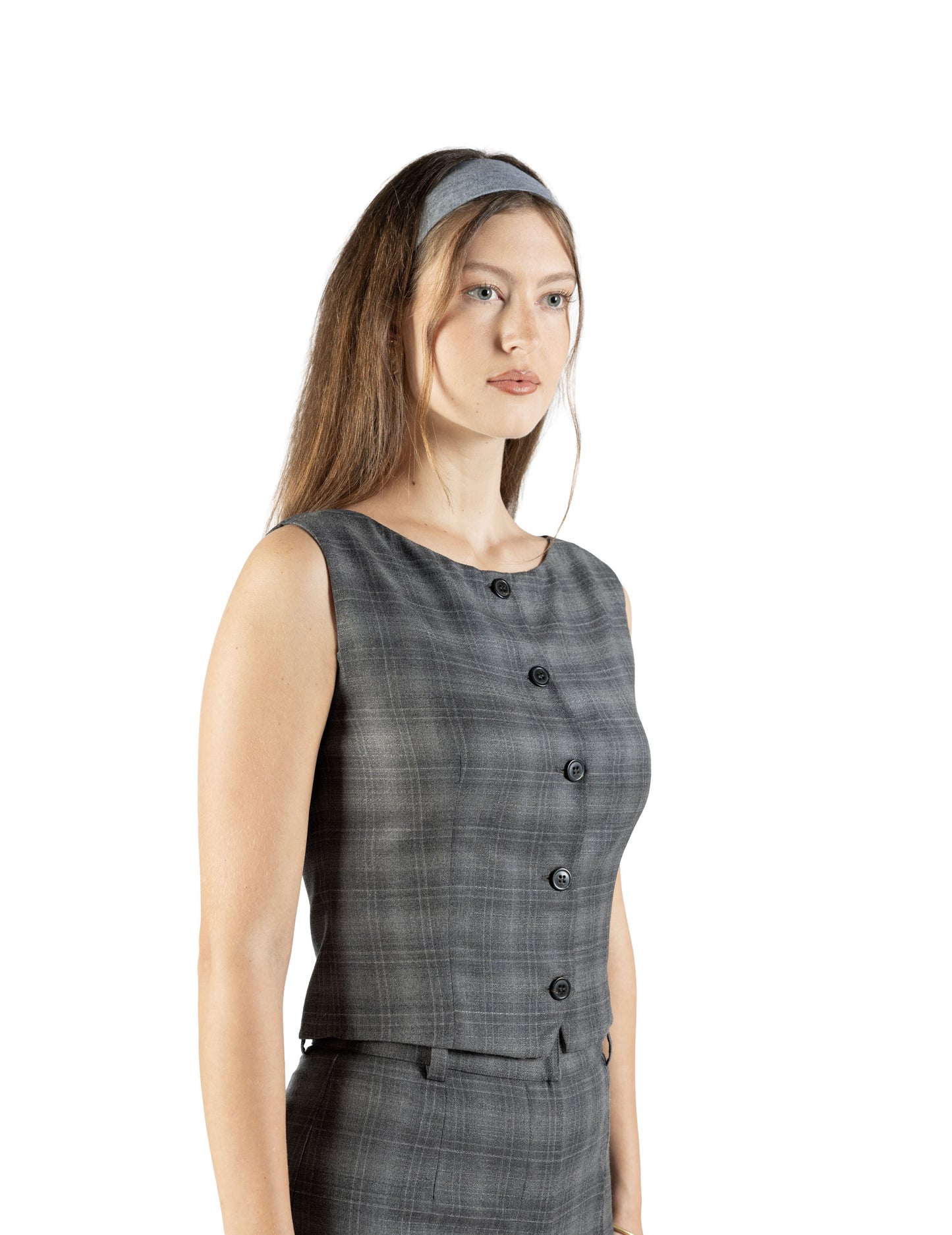 Gilet con scollo a barca in lana grigio con fantasia a quadri