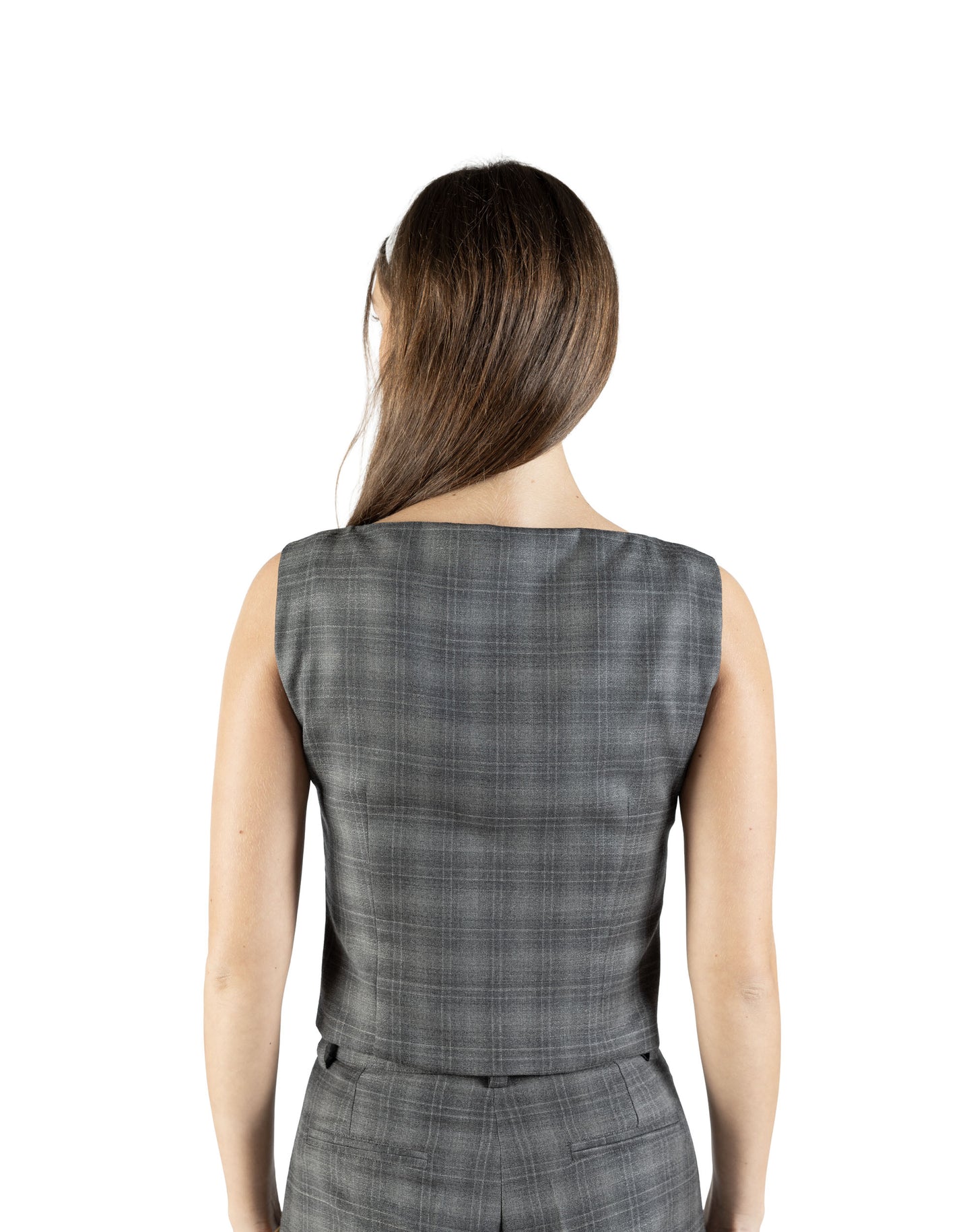 Gilet con scollo a barca in lana grigio con fantasia a quadri