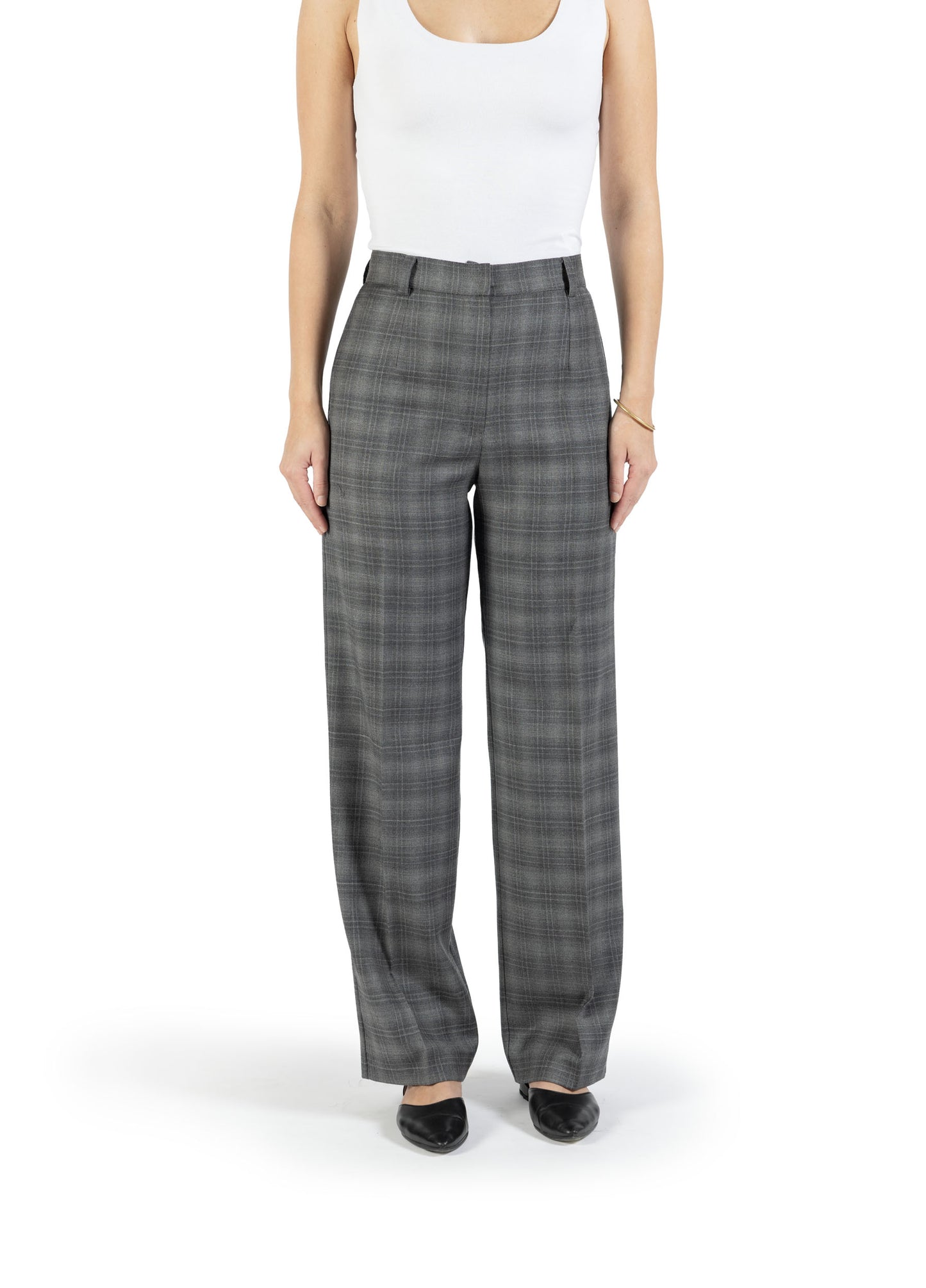 Pantalone dritto in lana grigio con piega stirata fantasia a quadri