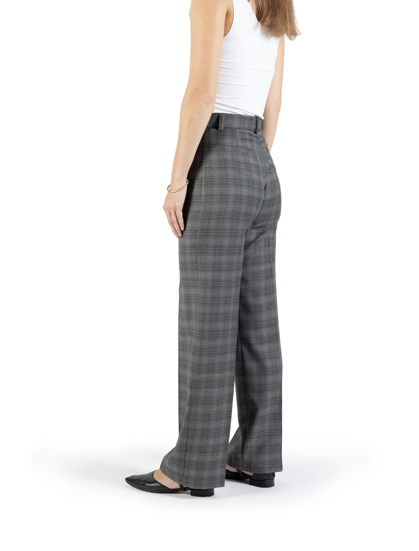 Pantalone dritto in lana grigio con piega stirata fantasia a quadri