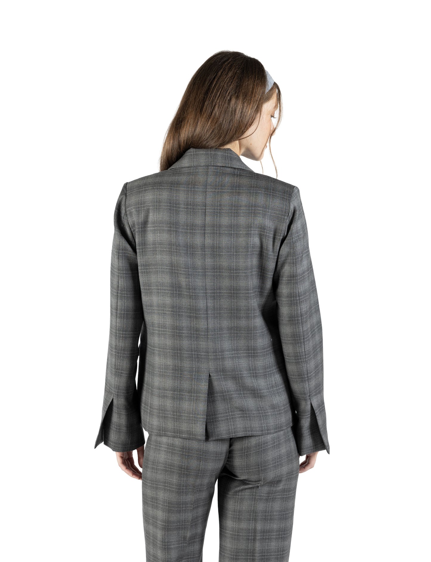 Blazer regular in lana grigia con spacco su manica fantasia a quadri