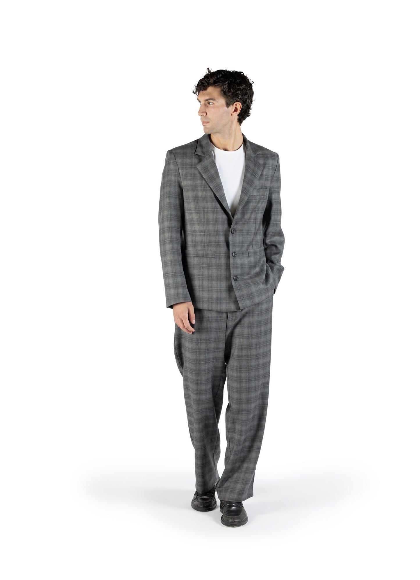Blazer slim in lana grigia fantasia a quadri