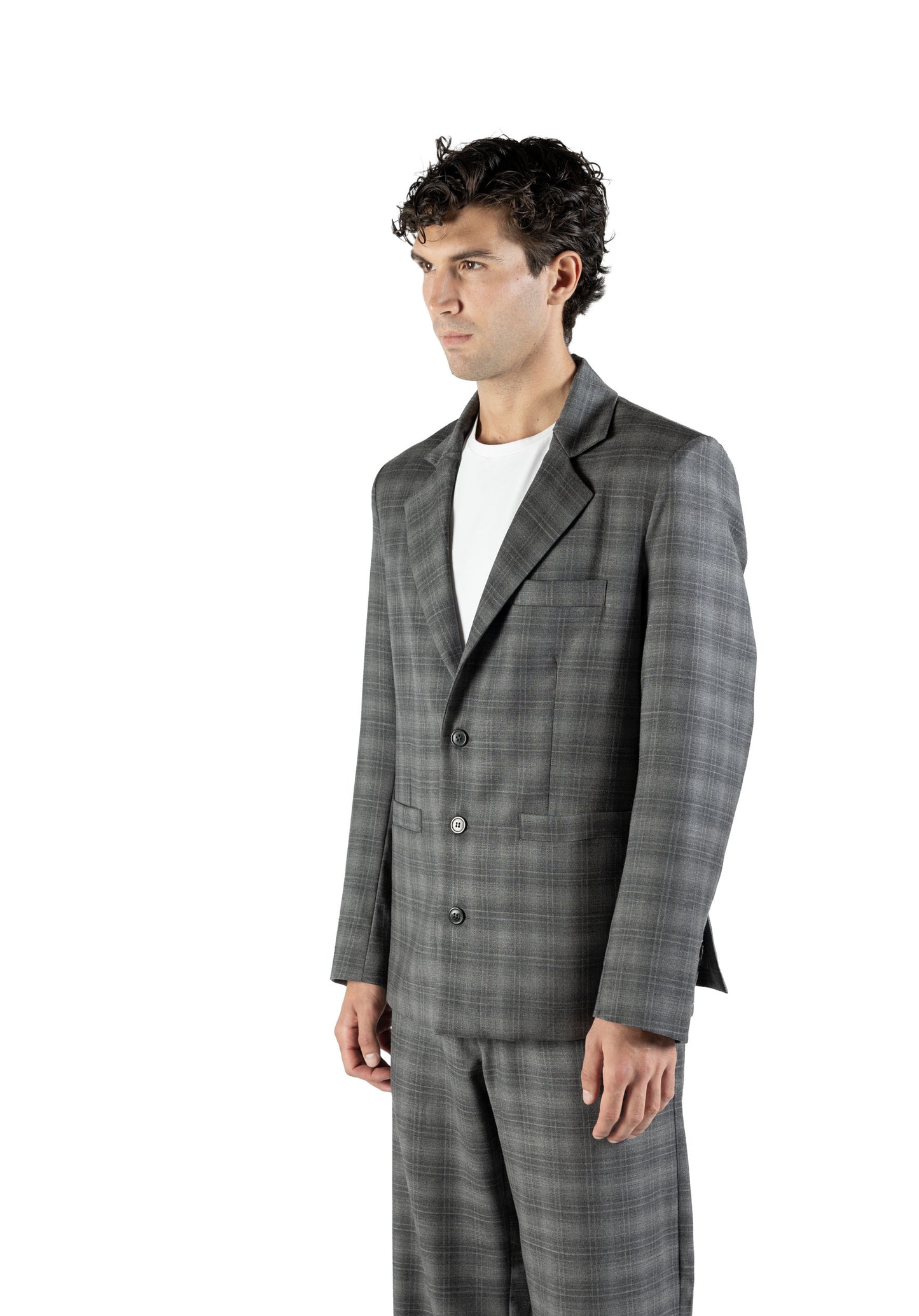 Blazer slim in lana grigia fantasia a quadri