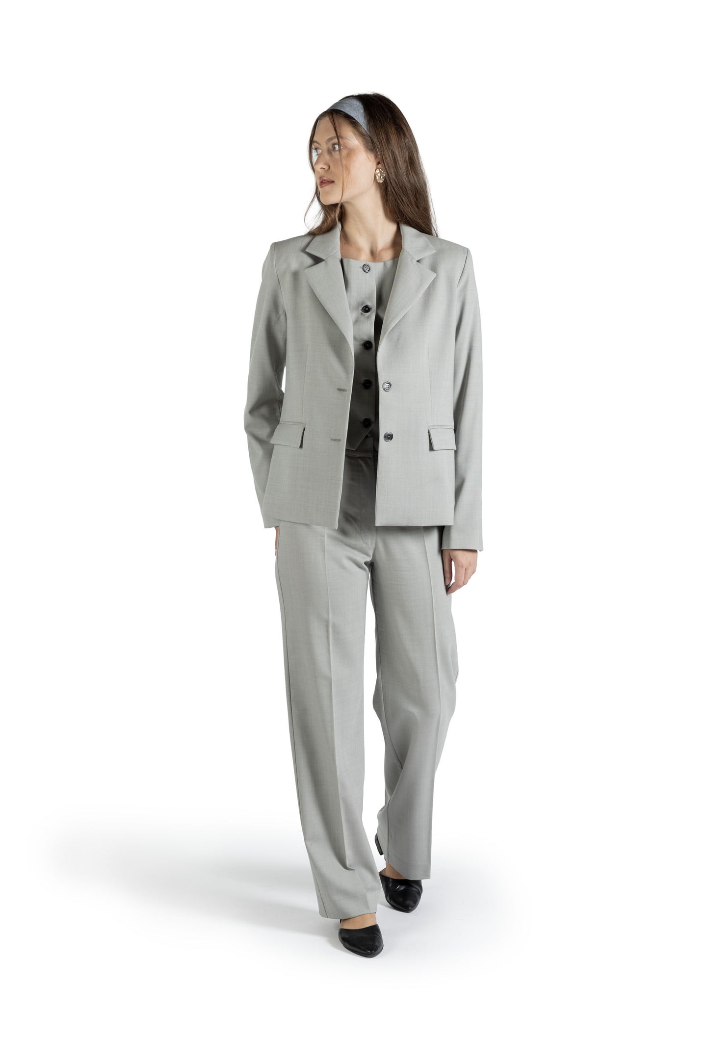 Blazer regular in lana con spacco su manica fantasia grigio chiaro