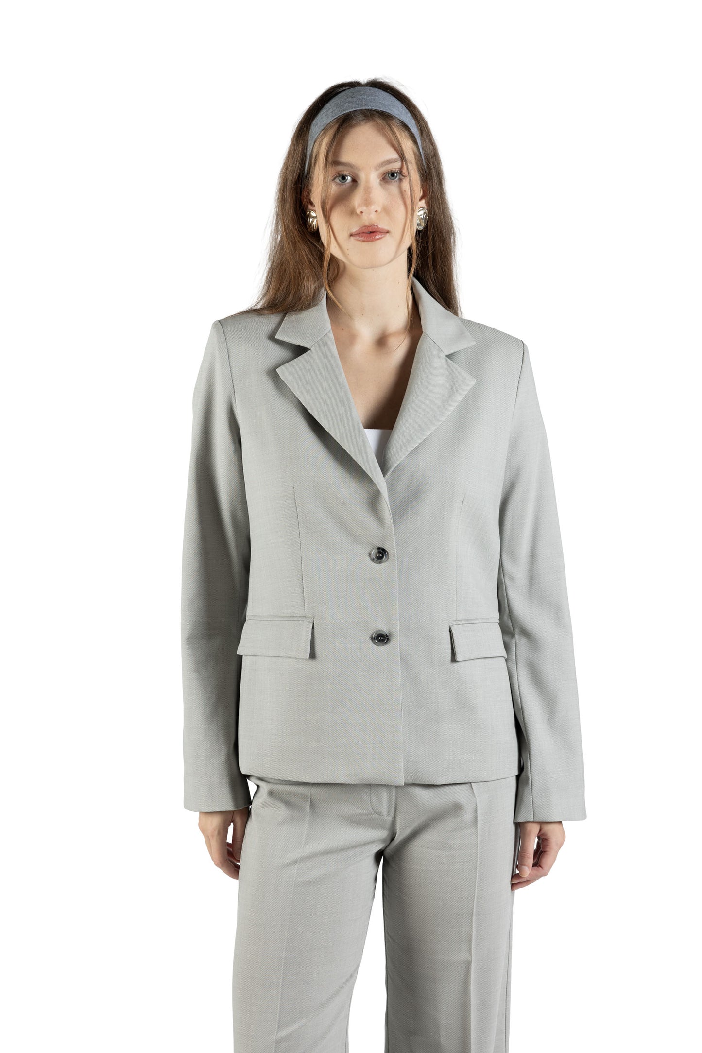 Blazer regular in lana con spacco su manica fantasia grigio chiaro