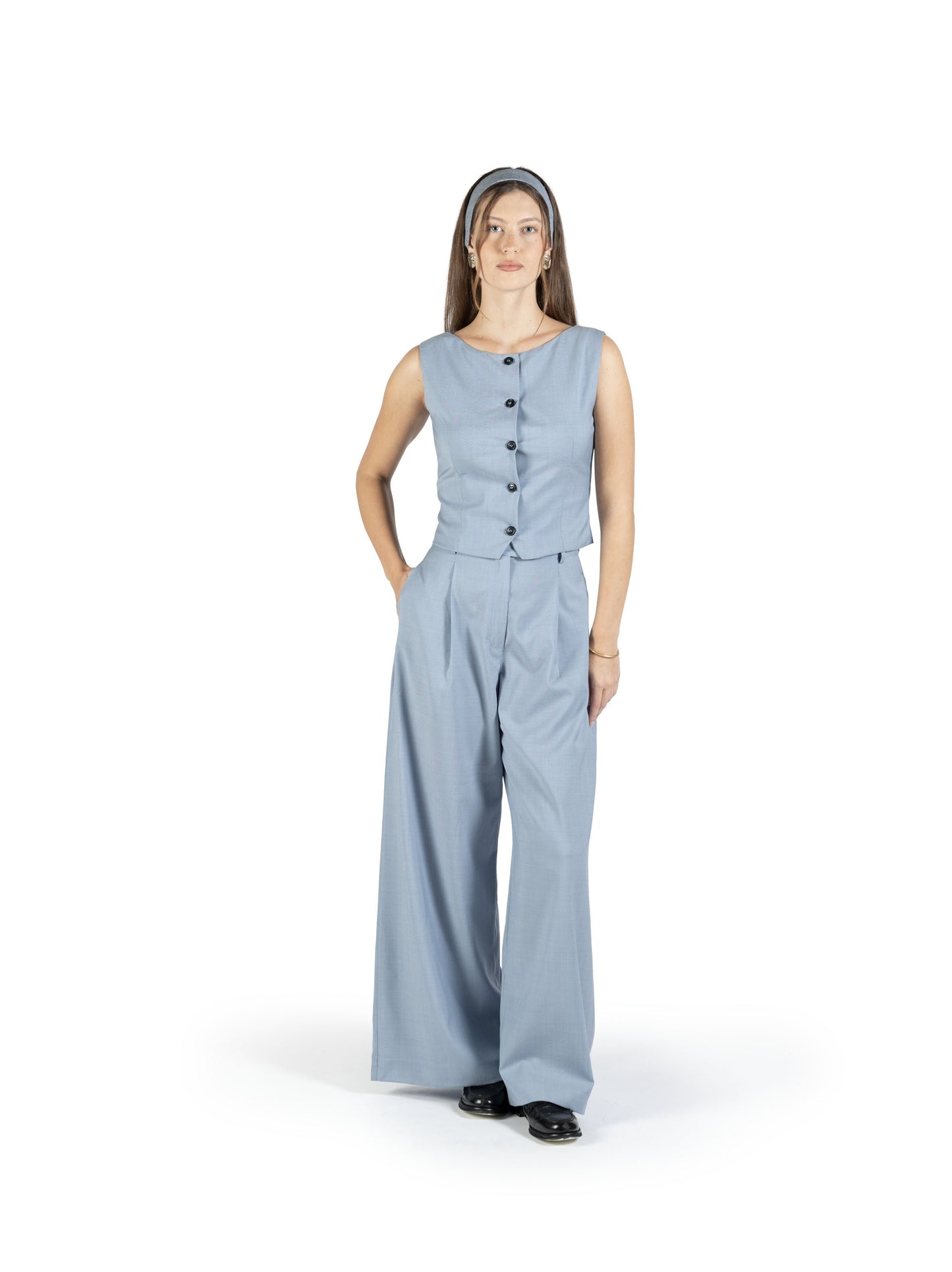 Pantalone a palazzo in lana azzurro ceruleo