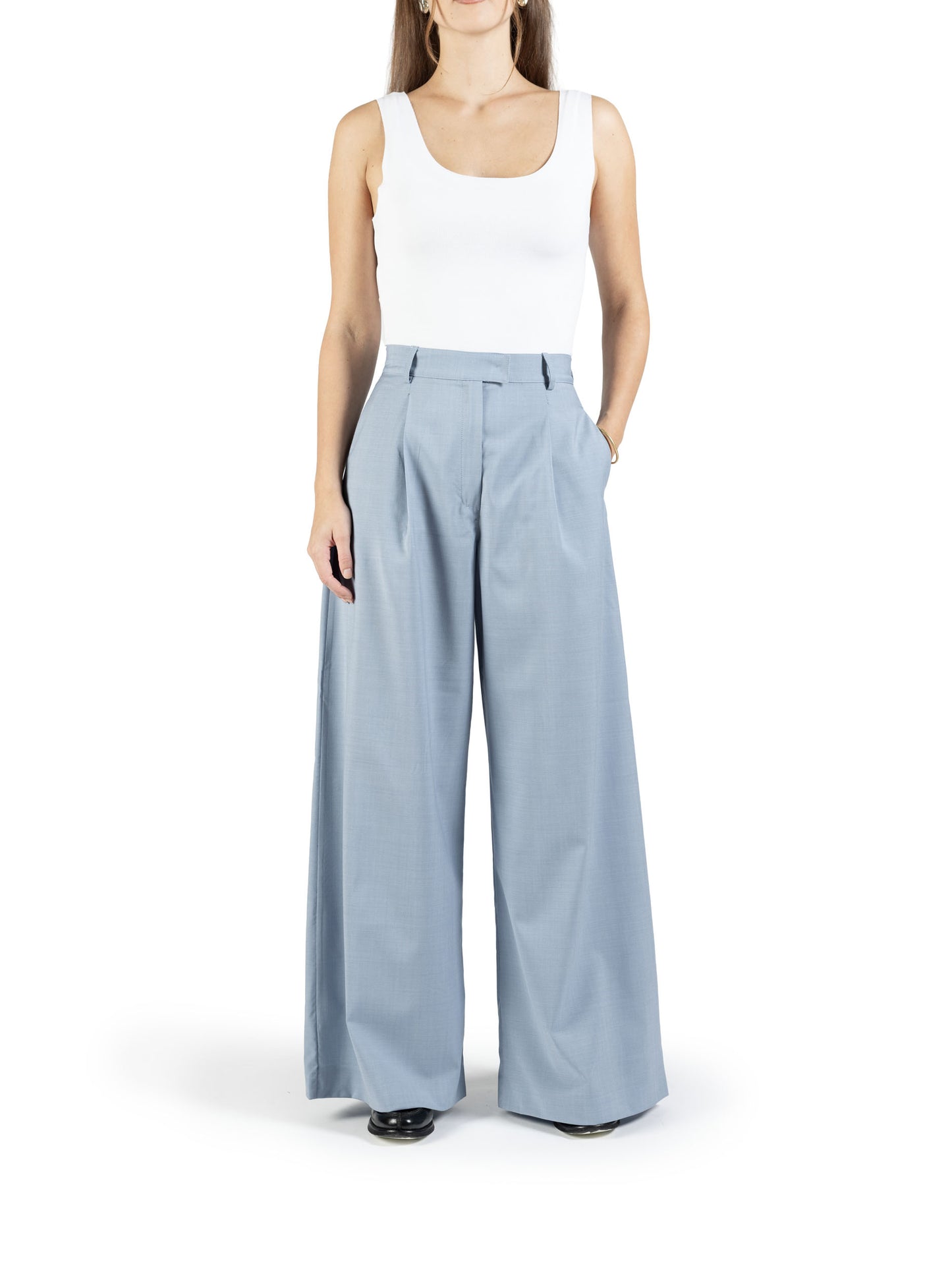 Pantalone a palazzo in lana azzurro ceruleo