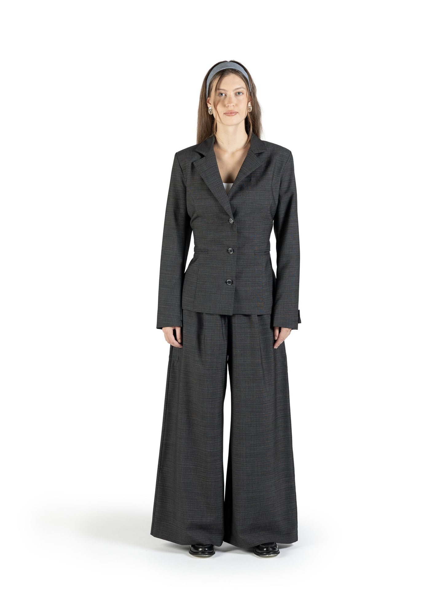 Pantalone a palazzo in lana trama nero e bianco