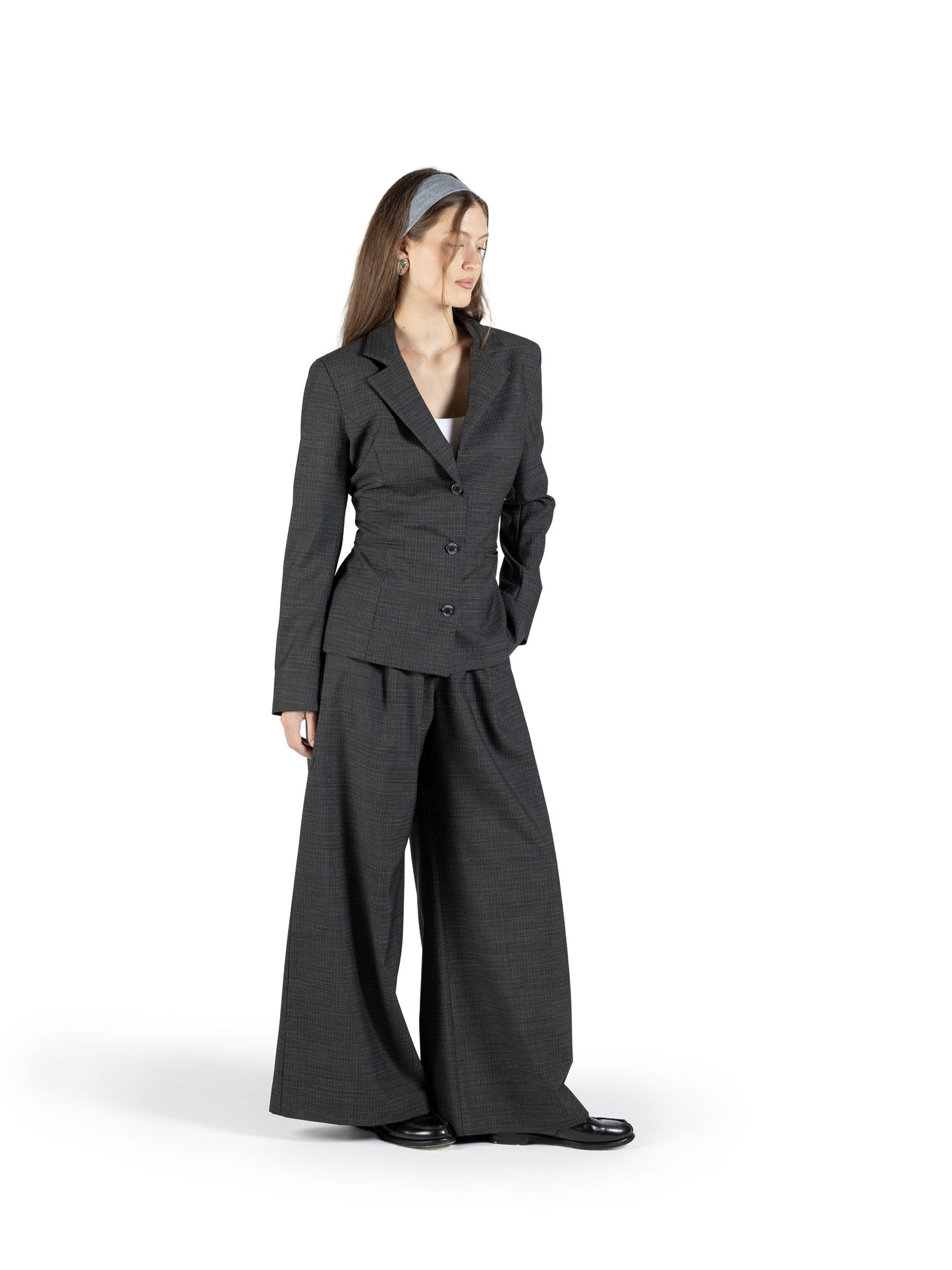 Blazer princess in lana con martingala regolabile trama nero e bianco