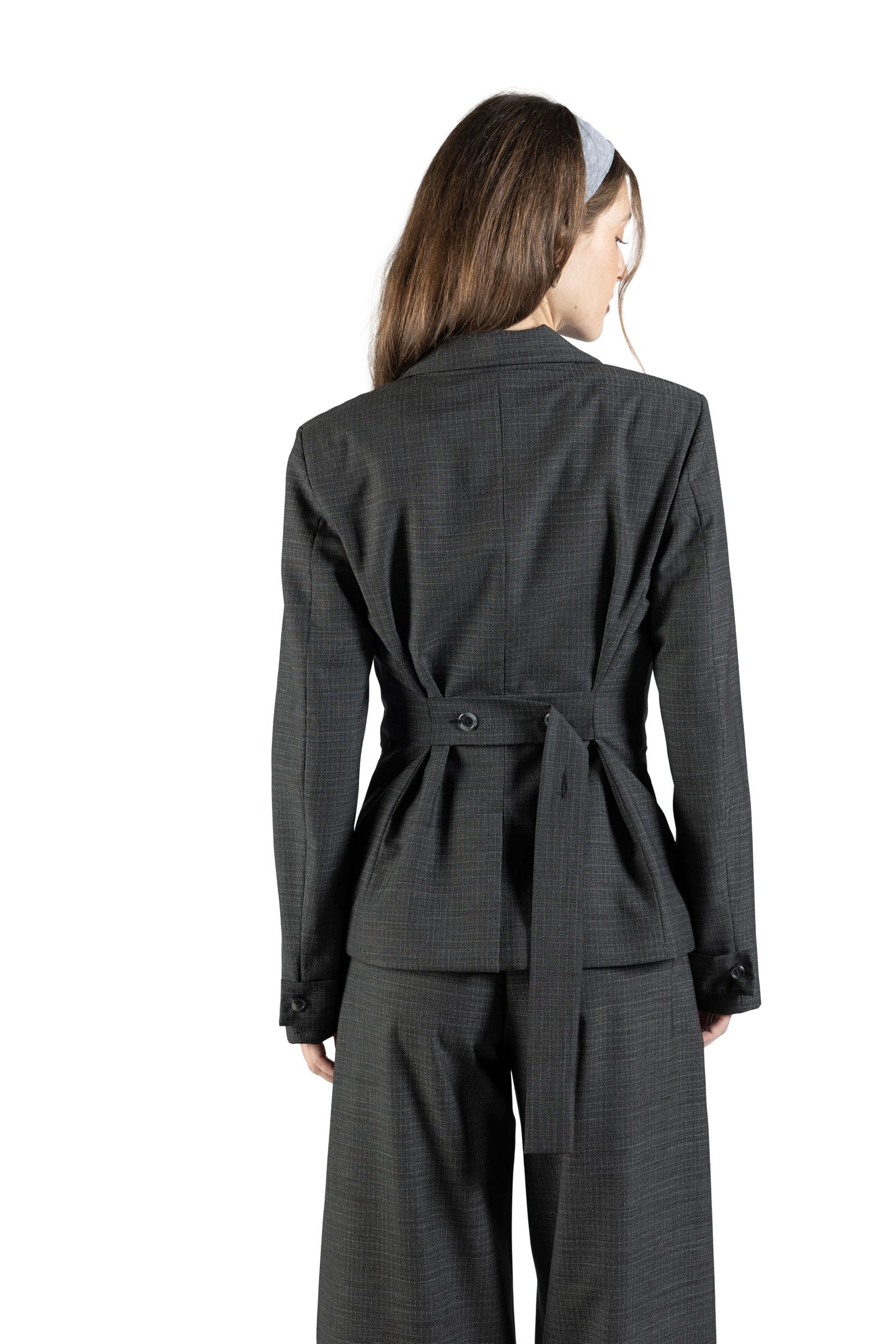 Blazer princess in lana con martingala regolabile trama nero e bianco