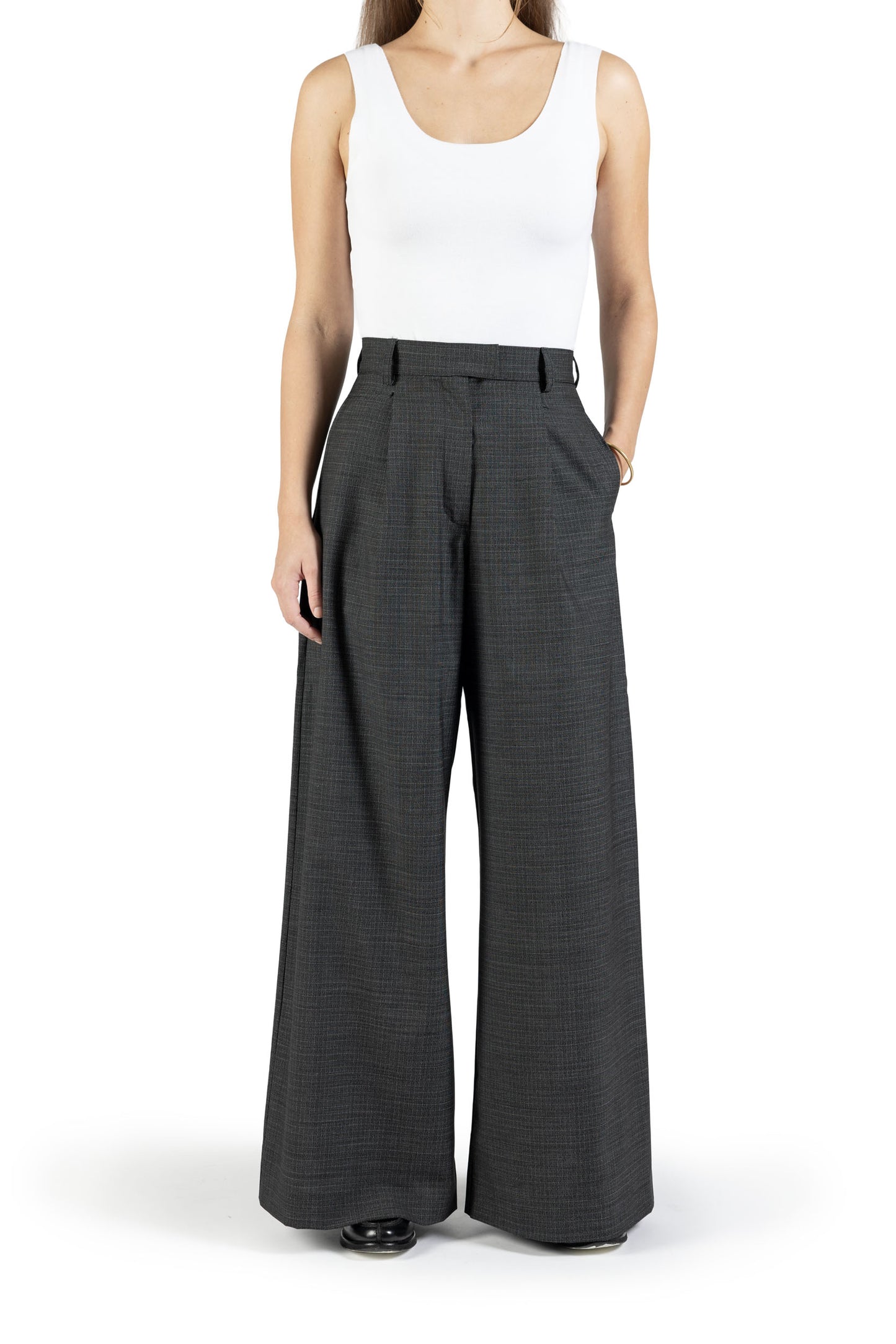 Pantalone a palazzo in lana trama nero e bianco