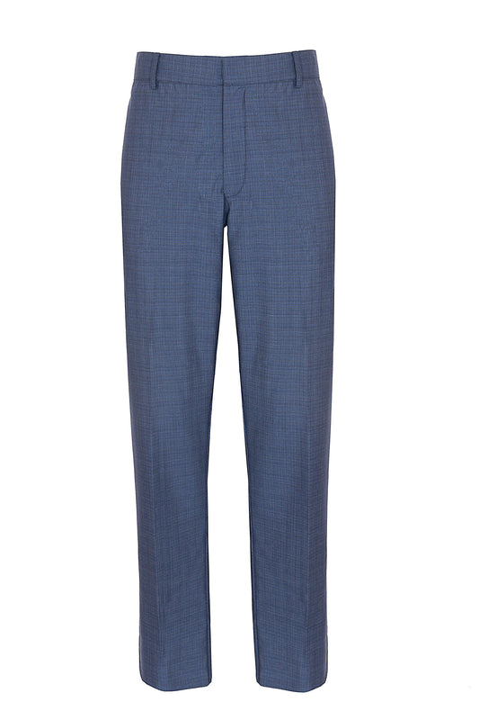 Pantalone dritto con piega stirata in lana trama blu e nero