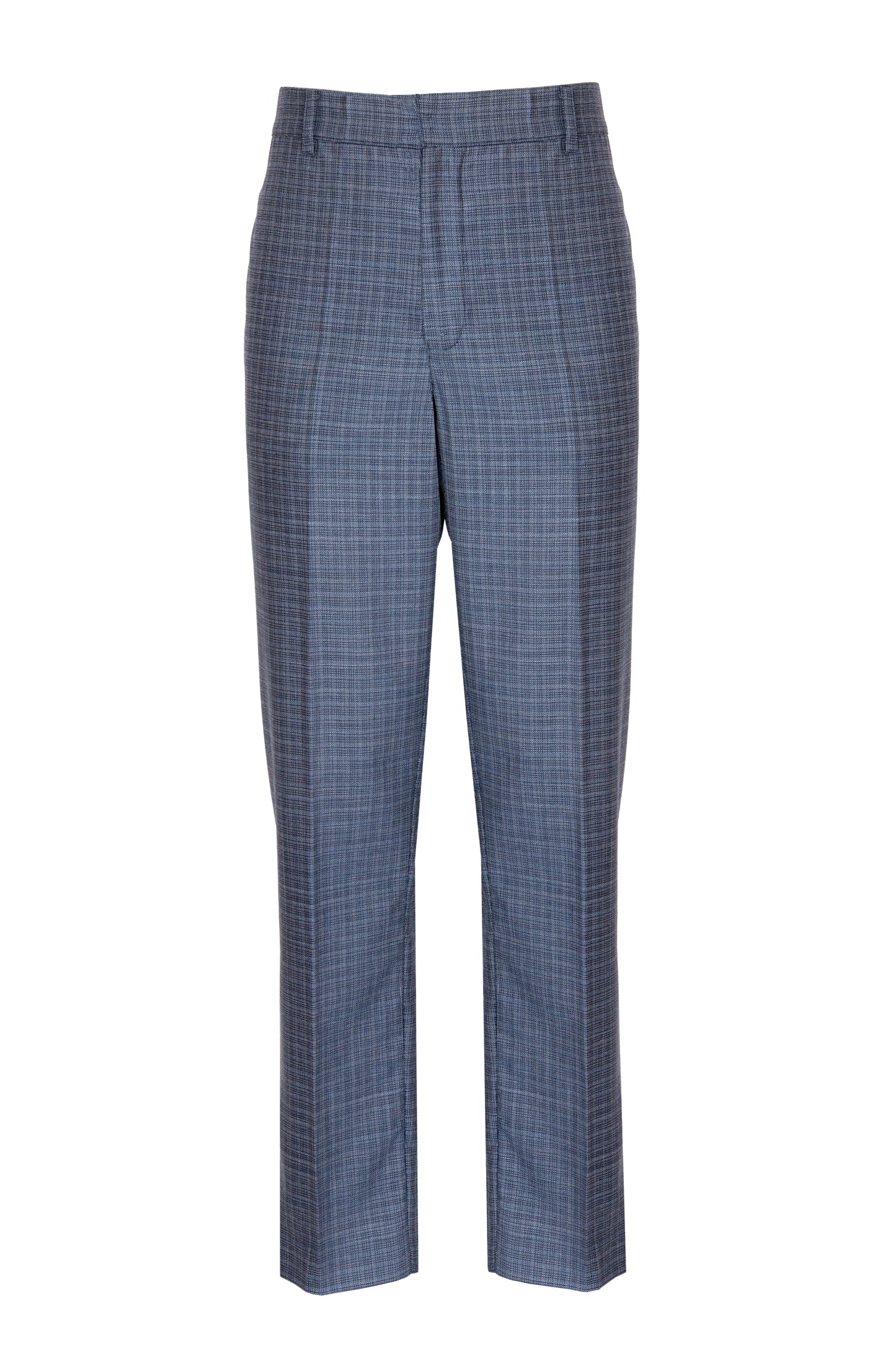 Pantalone dritto con piega stirata in lana trama blu e bianco