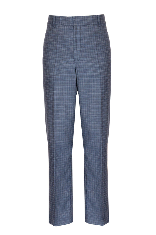 Pantalone dritto con piega stirata in lana trama blu e bianco