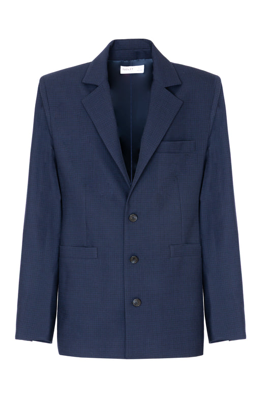Blazer slim in lana trama blu su blu