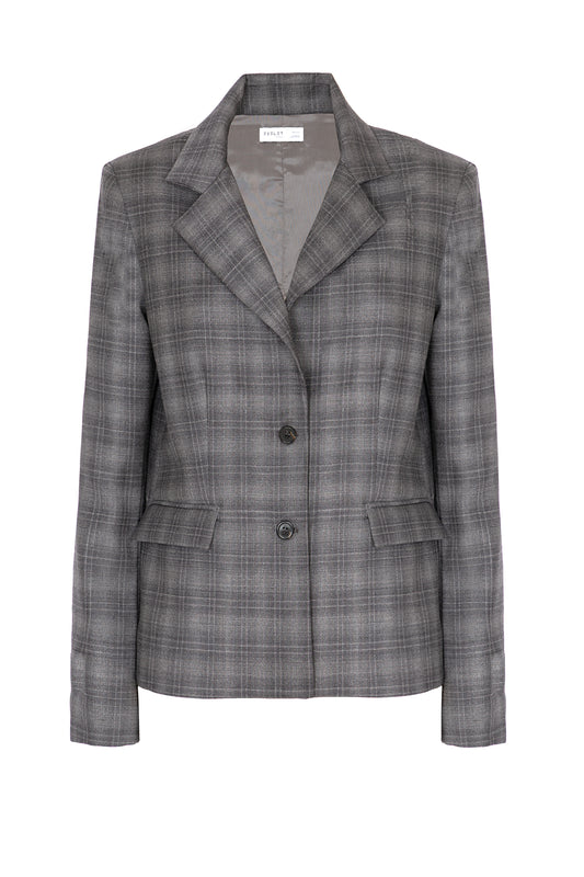 Blazer regular in lana grigia con spacco su manica fantasia a quadri