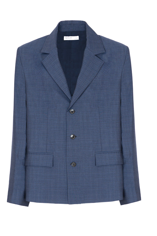Blazer regular in lana trama blu e nero