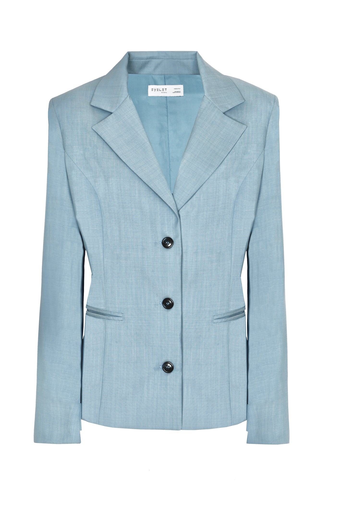 Princess-cut wool blazer with adjustable back belt in cerulean blue