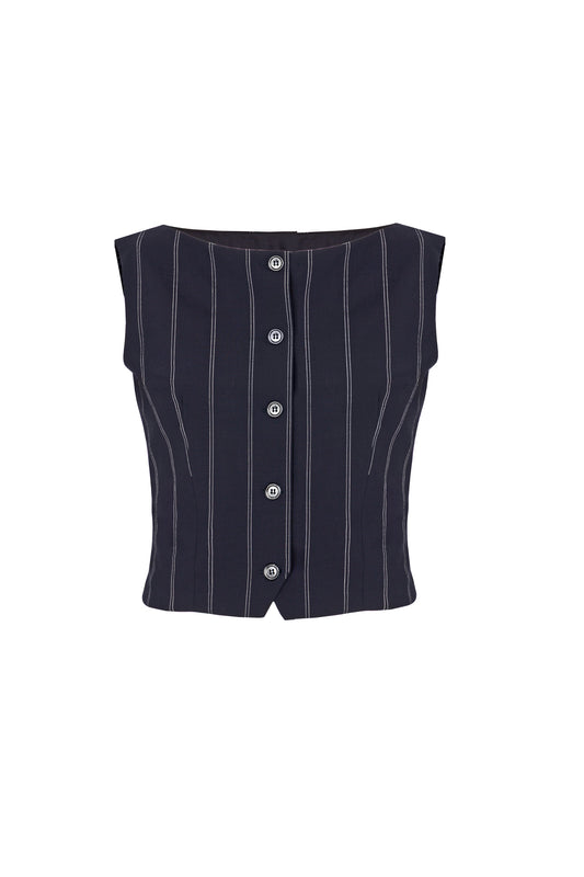 Gilet con scollo a barca in lana blu gessato