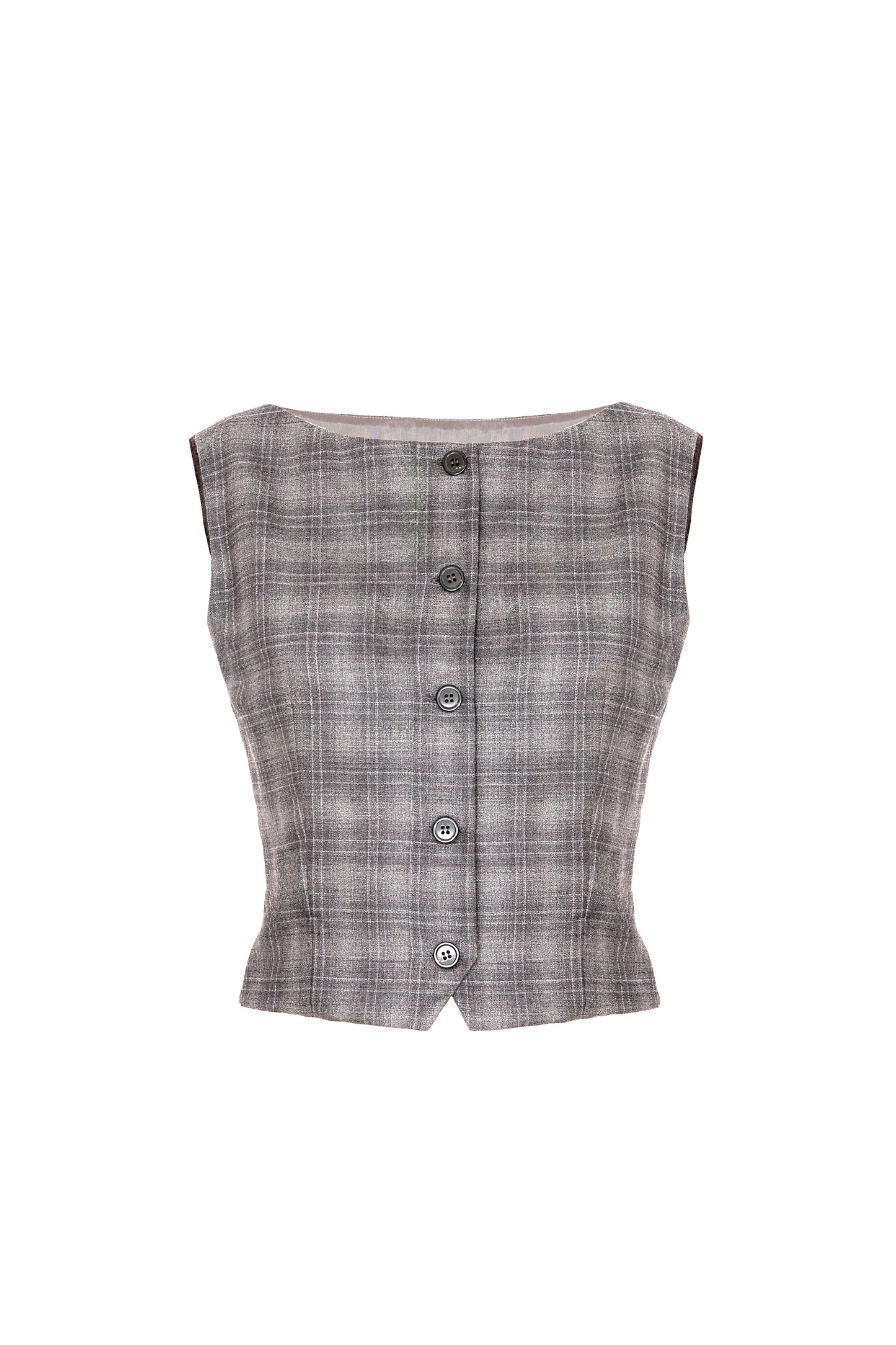 Gilet con scollo a barca in lana grigio con fantasia a quadri