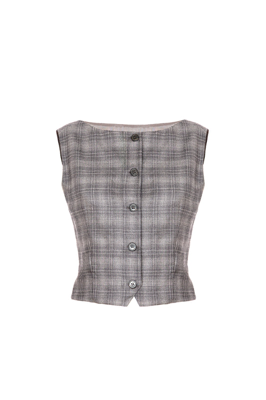 Gilet con scollo a barca in lana grigio con fantasia a quadri