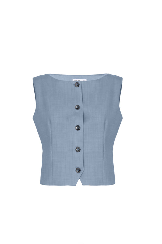 Gilet con scollo a barca in lana azzurro ceruleo