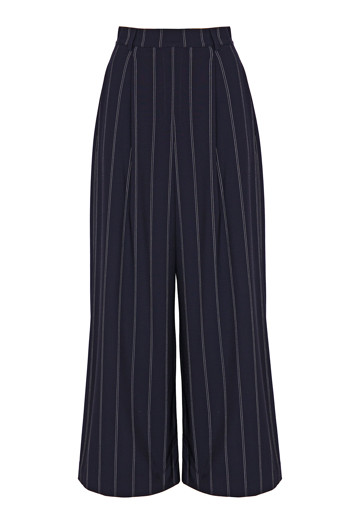Pantalone a palazzo in lana blu gessato